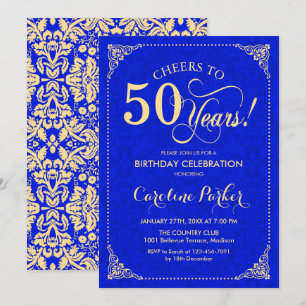 Invitación 50.º cumpleaños - Damasco azul real de oro