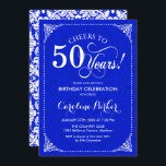 Invitación 50.º cumpleaños - Damasco blanco azul real<br><div class="desc">50.ª Invitación de cumpleaños. Elegante diseño vintage de color azul y blanco real con un diseño adamascado. Caracteriza el tipo de letra del guión. ¡Salud a 50 años! ¡Se puede personalizar en cualquier edad! Mándame un mensaje si necesitas más personalización.</div>