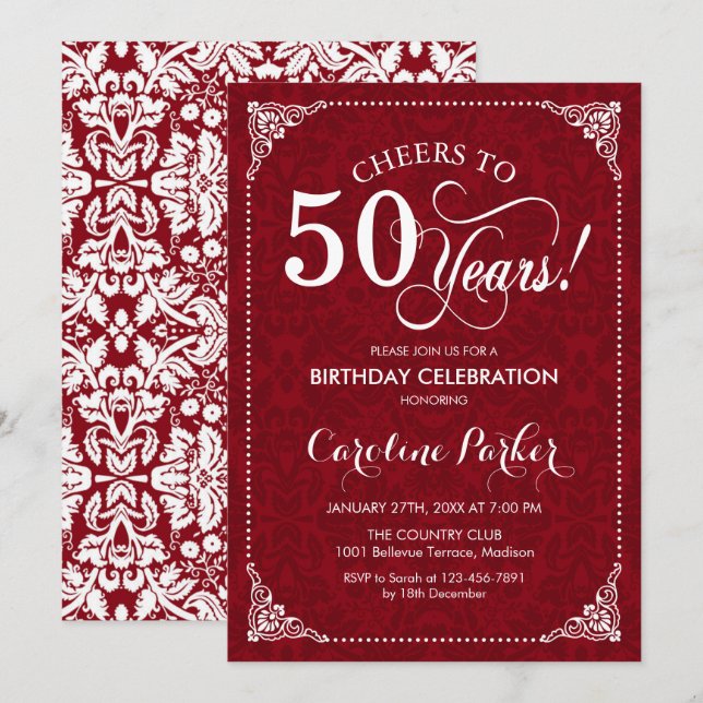 Invitación 50.º cumpleaños - Damasco blanco rojo (Anverso / Reverso)