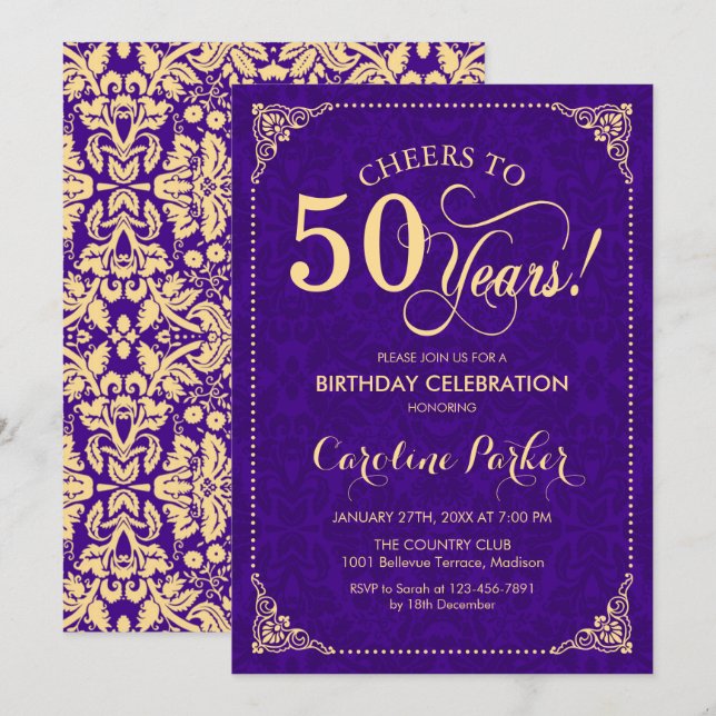 Invitación 50.º cumpleaños - Damasco de oro púrpura (Anverso / Reverso)
