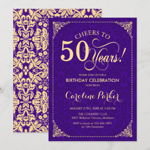 Invitación 50.º cumpleaños - Damasco de oro púrpura