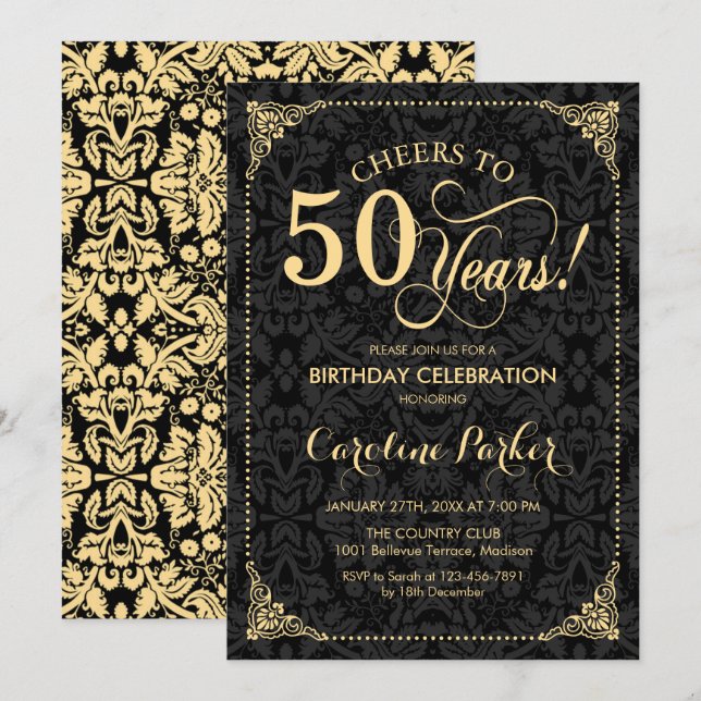 Invitación 50.º cumpleaños - Damasco negro de oro (Anverso / Reverso)