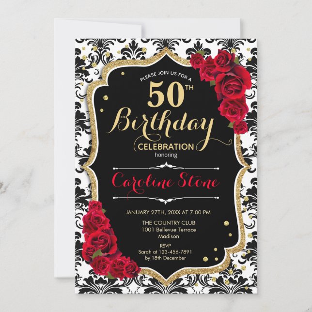 Invitación 50.º cumpleaños - Damasco negro de oro de rosas ro (Anverso)
