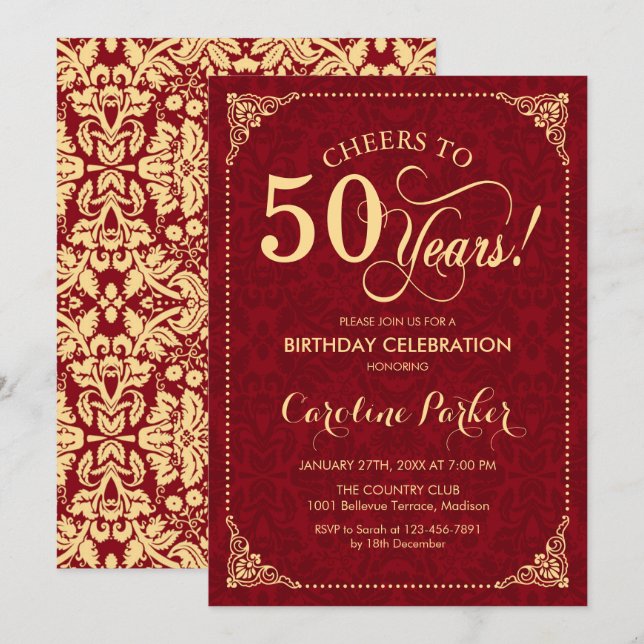 Invitación 50.º cumpleaños - Damasco rojo de oro (Anverso / Reverso)