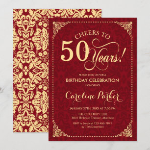 Invitación 50.º cumpleaños - Damasco rojo de oro