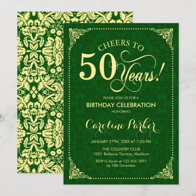Invitación 50.º cumpleaños - Damasco verde de oro (Anverso / Reverso)