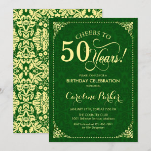 Invitación 50.º cumpleaños - Damasco verde de oro