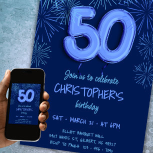 Invitación 50.º cumpleaños de él, fuegos artificiales de glob