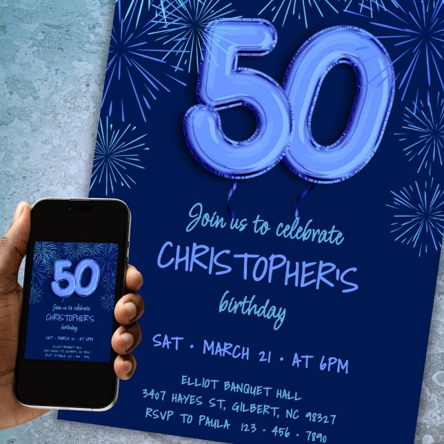 Invitación 50.º cumpleaños de él, fuegos artificiales de glob (Subido por el creador)