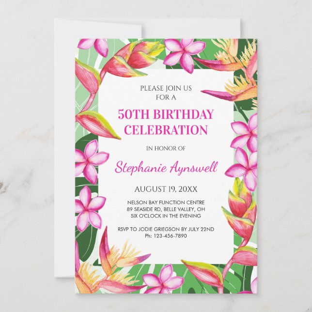 Invitación 50.º cumpleaños de flores tropicales deja Hawái (Anverso)