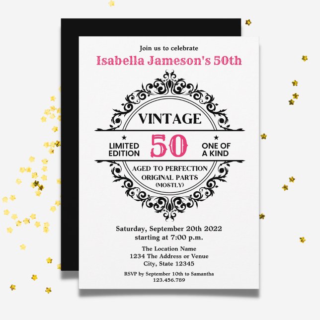Invitación 50.º cumpleaños de la cosecha negra y rosa (Subido por el creador)