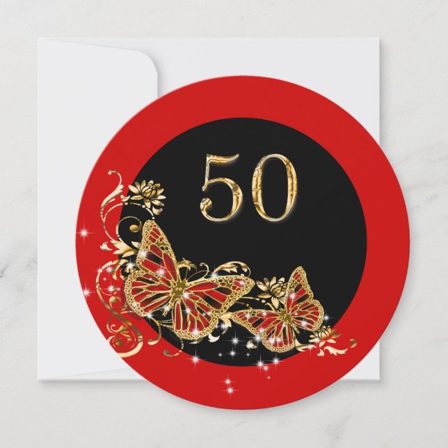 Invitación 50.º cumpleaños de la mujer | oro rojo de mariposa (Anverso)