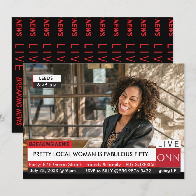 Invitación 50.º cumpleaños de mujeres en divertidas noticias  (Anverso / Reverso)