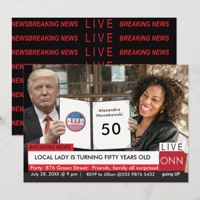 Invitación 50.º cumpleaños de Trump, noticias divertidas en T (Anverso / Reverso)