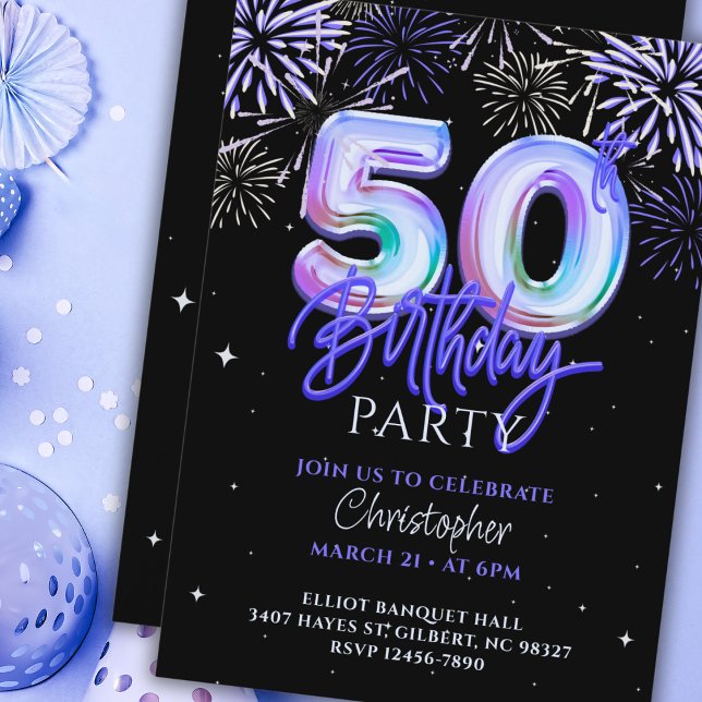 Invitación 50.º cumpleaños del globo de Relieve metalizado Bl (Subido por el creador)