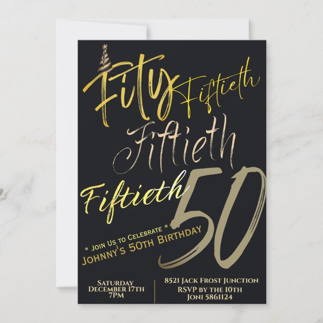 Invitación 50.º cumpleaños del oro moderno negro (Anverso)