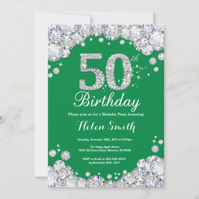 Invitación 50.º cumpleaños Diamante Verde y Plata (Anverso)