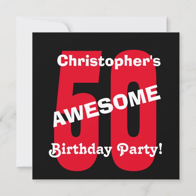 Invitación 50.º cumpleaños Diseño de texto rojo blanco negro  (Anverso)