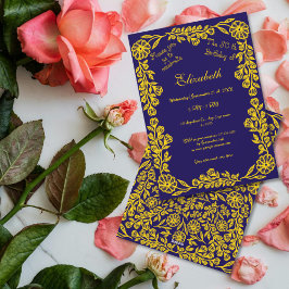 Invitación 50.º cumpleaños Dorado Azul oscuro Floral Botánica