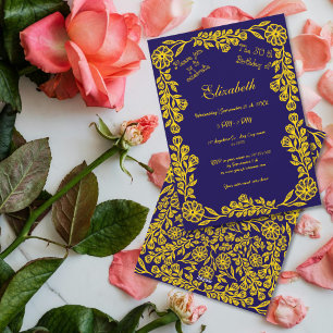Invitación 50.º cumpleaños Dorado Azul oscuro Floral Botánica