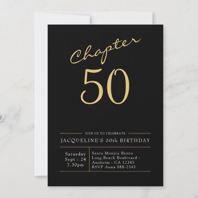 Invitación 50.º cumpleaños Dorado Moderno Script Negro (Anverso)