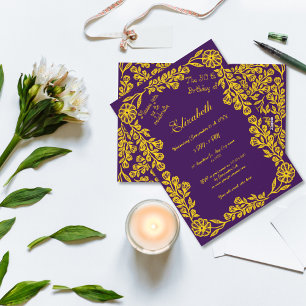 Invitación 50.º cumpleaños Dorado Morado Botánico Floral