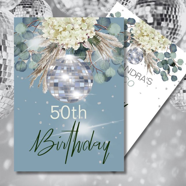 Invitación 50.º cumpleaños Dusty Blue Floral Disco Ball (Subido por el creador)