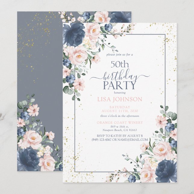 Invitación 50.º cumpleaños Dusty Blue Rubor Pink Gold Floral (Anverso / Reverso)