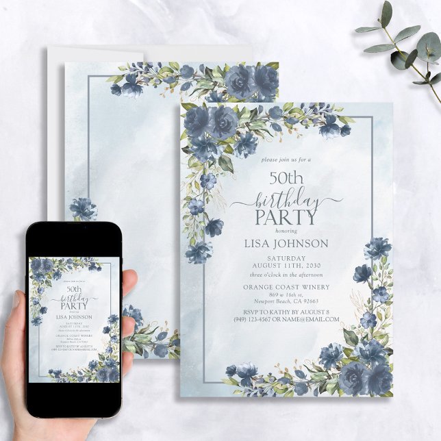 Invitación 50.º cumpleaños Dusty Blue Watercolor Floral (Subido por el creador)