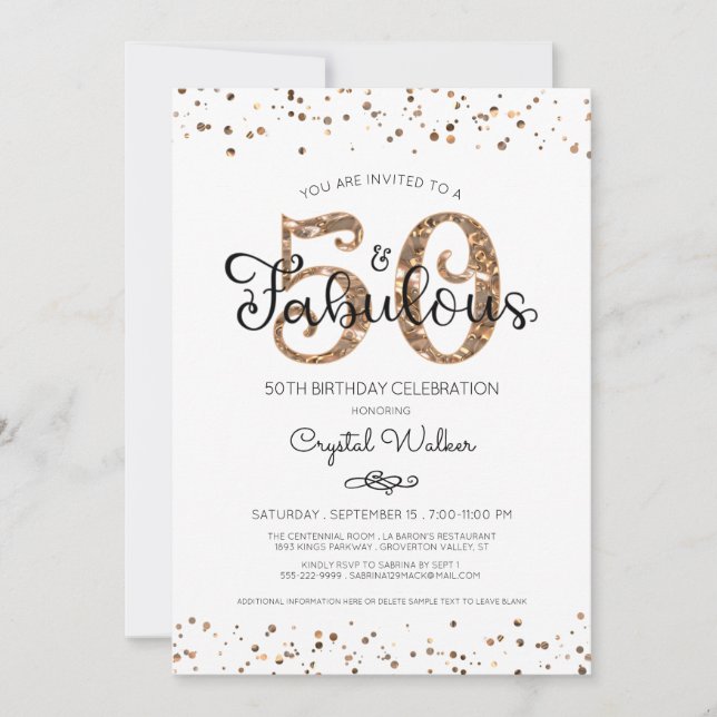 Invitación 50.º Cumpleaños Elegante 50 Y FABULOSO Oro De Cobr (Anverso)