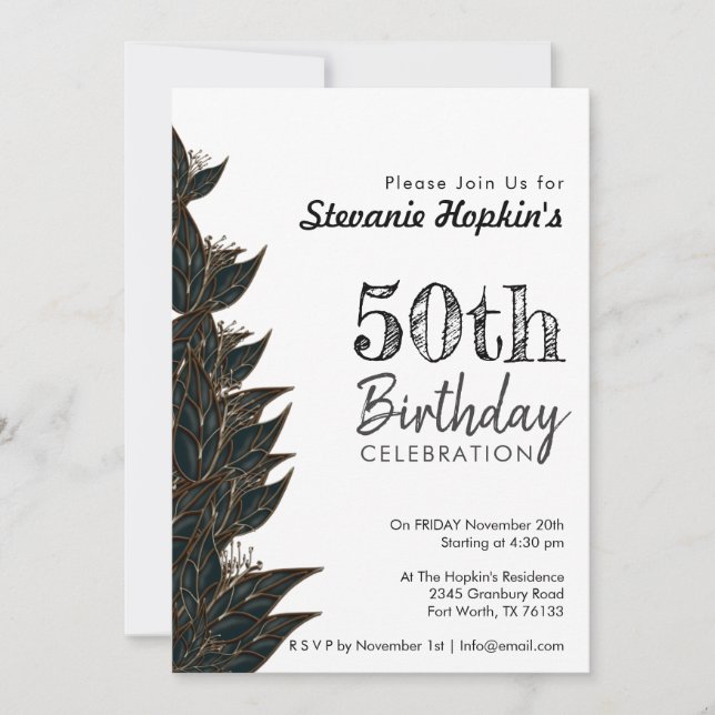Invitación 50.º cumpleaños Elegante Blanco Moderno Botánico (Anverso)