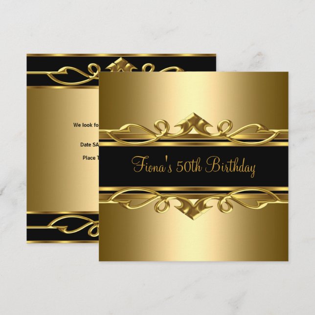 Invitación 50.º cumpleaños Elegante Clásico Ornate Gold Black (Anverso / Reverso)
