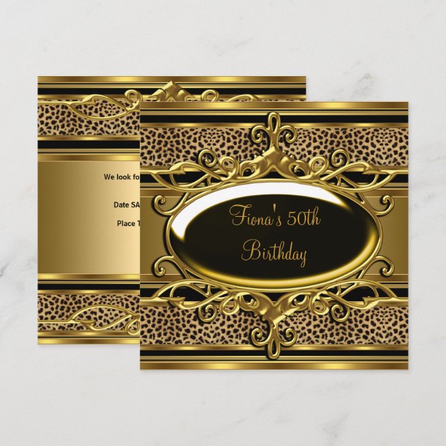 Invitación 50.º cumpleaños elegante de oro negro (Anverso / Reverso)