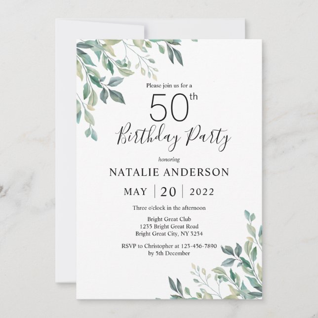 Invitación 50.º Cumpleaños Elegante Eucalipto Verde Verdor (Anverso)