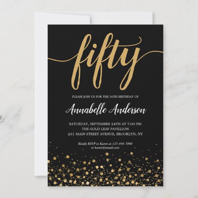 Invitación 50.º cumpleaños elegante guión de confeti de oro n (Anverso)