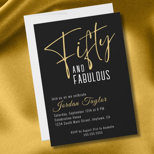 Invitación 50.º cumpleaños elegante guión negro y oro (Subido por el creador)