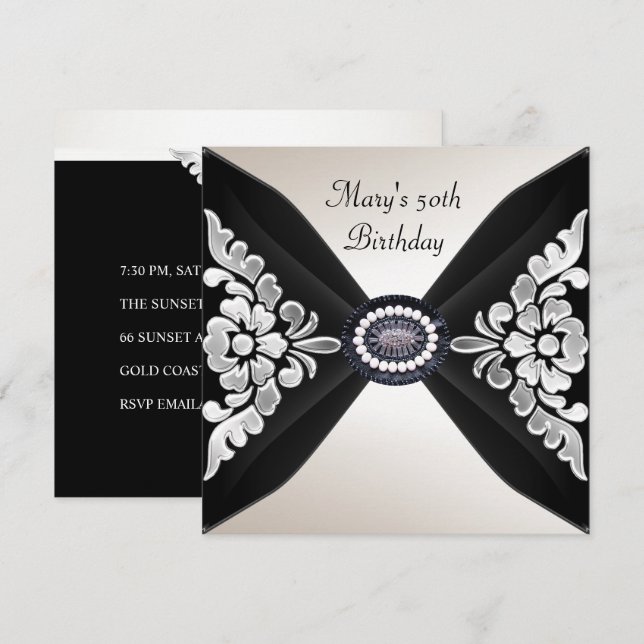 Invitación 50.º cumpleaños Elegante Joya Blanca Negra 2 (Anverso / Reverso)