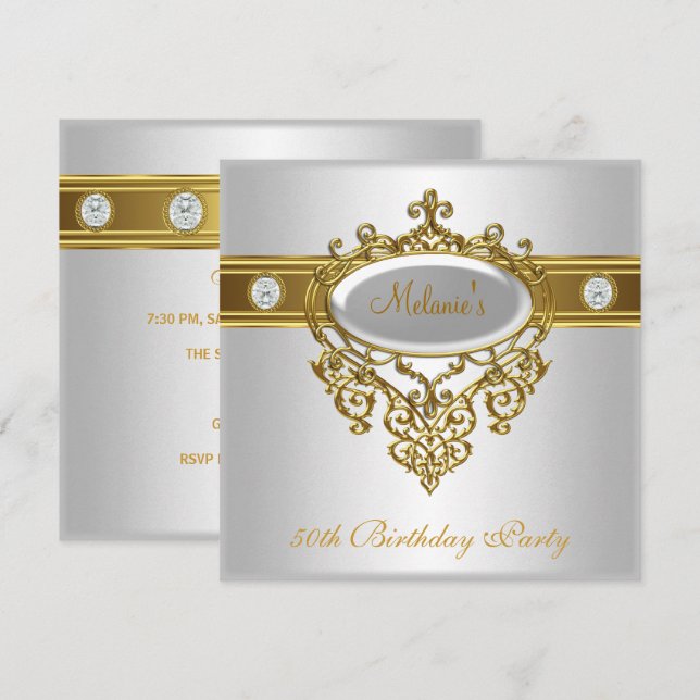 Invitación 50.º Cumpleaños Elegante Lace White Gold Diamante  (Anverso / Reverso)