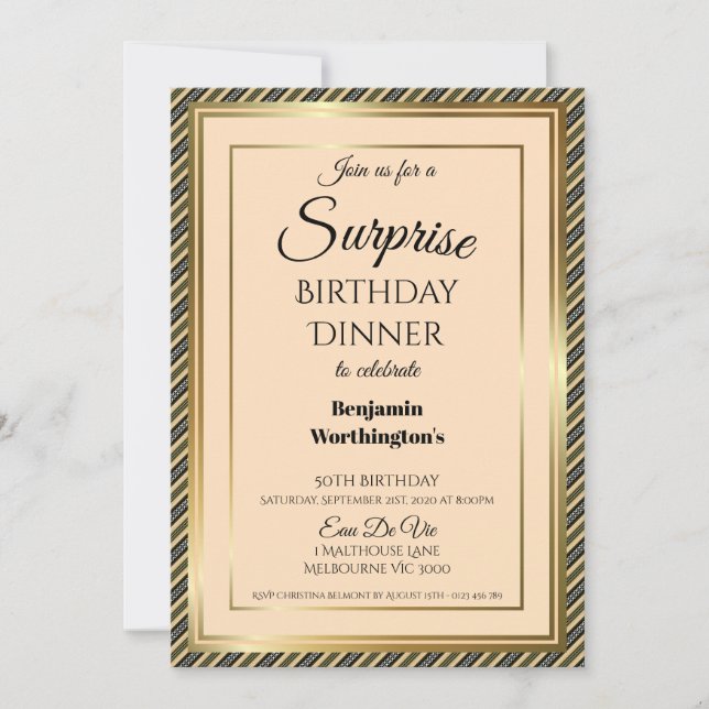 Invitación 50.º cumpleaños Elegante marco dorado cena sorpres (Anverso)