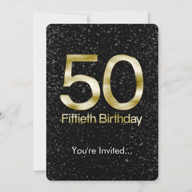 Invitación 50.º cumpleaños, elegante oro negro (Anverso)