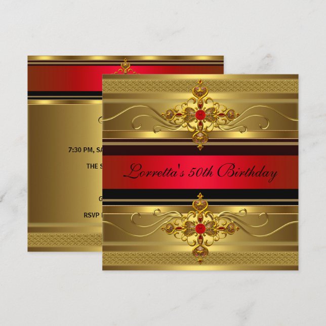 Invitación 50.º cumpleaños elegante oro Rojo Diamante (Anverso / Reverso)