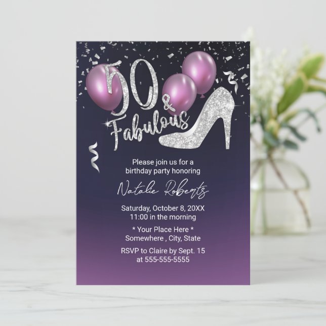 Invitación 50.º cumpleaños Elegante Purple Fabulous 50 (Anverso de pie)