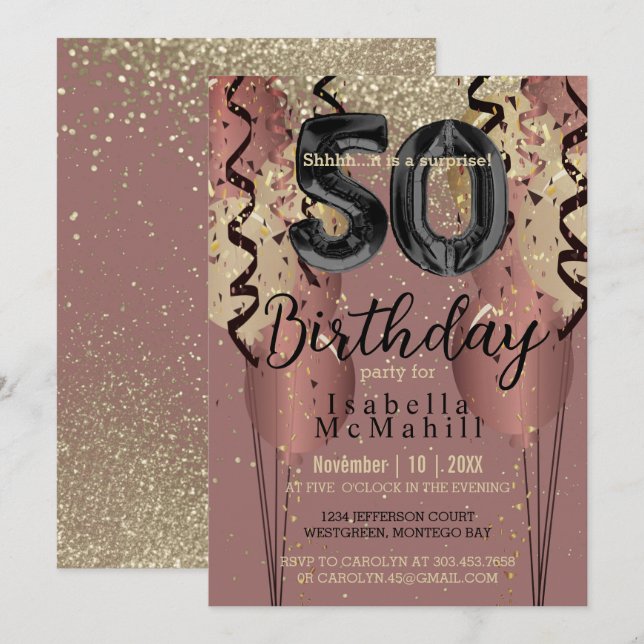 Invitación 50.º cumpleaños en negro y Rosa Purpurina de oro (Anverso / Reverso)