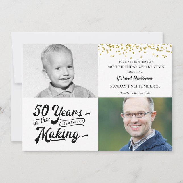 Invitación 50.º Cumpleaños Entonces Y Ahora Fotos Confetti De (Anverso)