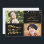 Invitación 50.º Cumpleaños Entonces y ahora Fotos String Ligh<br><div class="desc">Invite a sus invitados con esta invitación de 50 años de fiesta en negro y oro con luces de cuerda con un diseño de tipografía retro que indica 50 AÑOS EN EL MAKING que integra su año de nacimiento en el diseño. Incluya fotos DE ENTONCES y AHORA para una invitación...</div>
