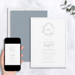 Invitación 50.º cumpleaños Escudo de Leafy Azul moderno y tur