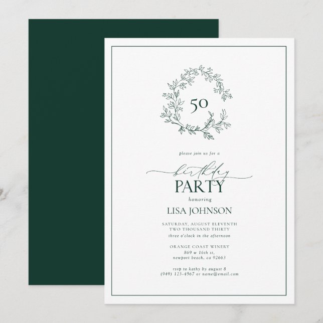 Invitación 50.º cumpleaños Escudo de Leafy Verde Esmeralda mo (Anverso / Reverso)