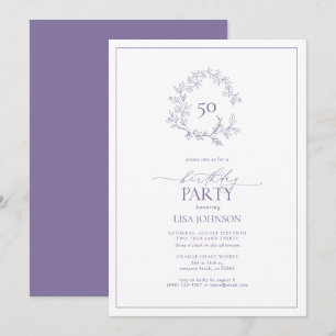 Invitación 50.º cumpleaños Escudo Lilac Lavender Leafy modern