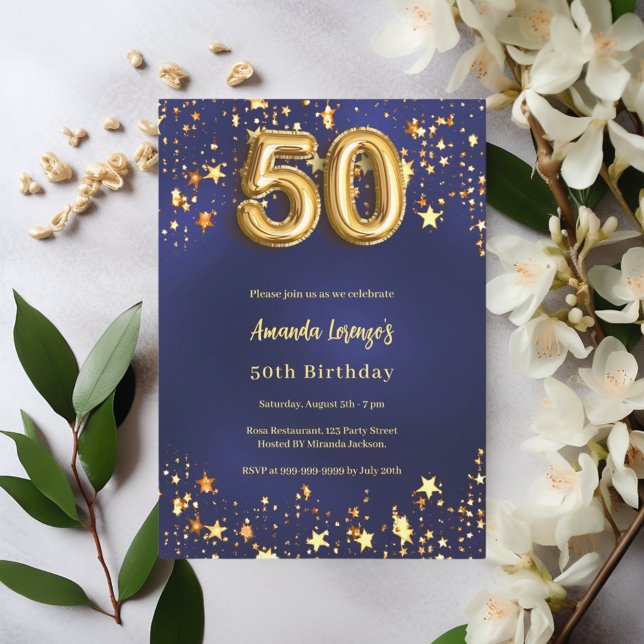 Invitación 50.º cumpleaños estrellas de oro azul marino (Subido por el creador)