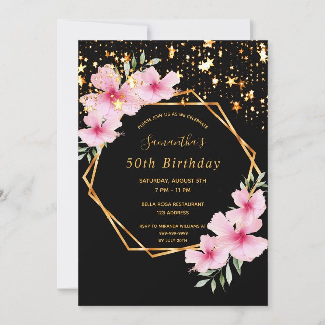 Invitación 50.º cumpleaños estrellas de oro geométrico tropic (Anverso)